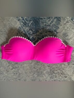 Hot Pink Pearl Trim Bandeau Bikini Top with Straps